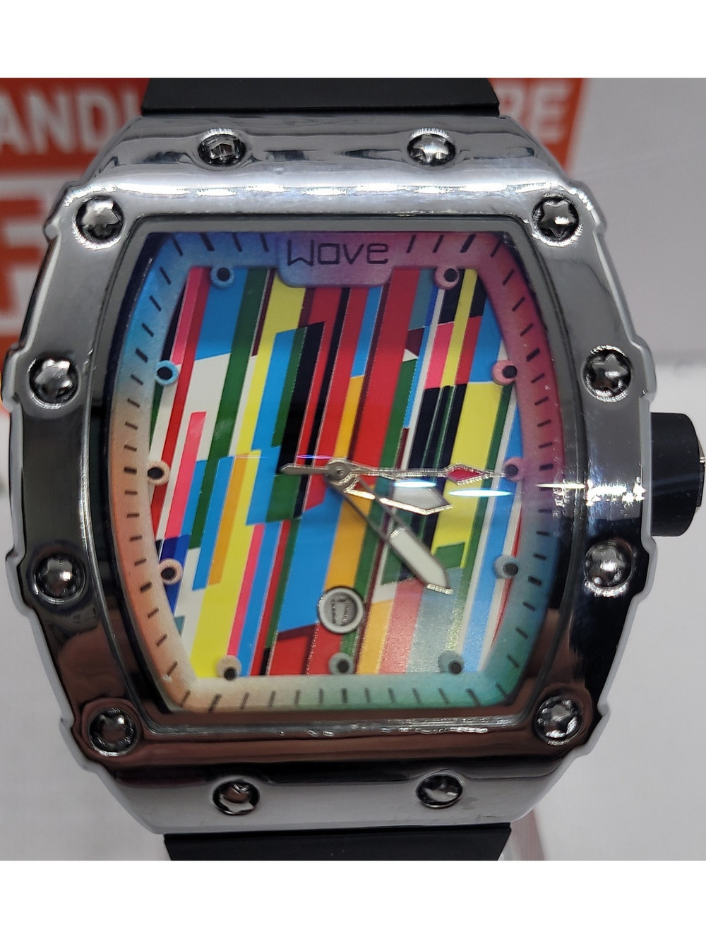 440 AJ wave multicolor graffiti dial tonneau black rubber strap water-resistant